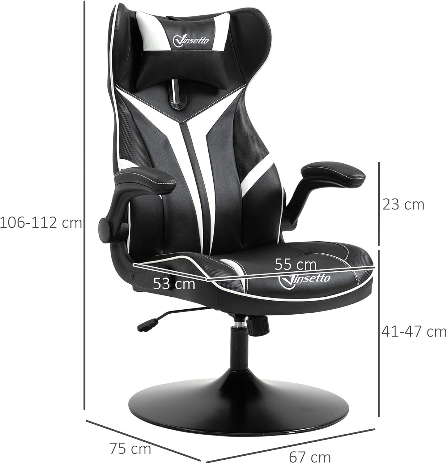 Vinsetto Gaming Stuhl ergonomischer Gamer Stuhl mit Kopfstütze und höhenverstellbar Gamingstuhl Bürostuhl mit Wippfunktion Schwarz+Weiß