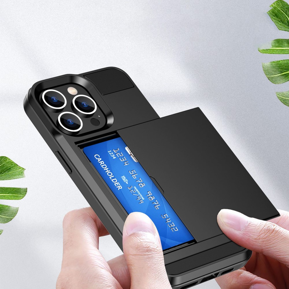 iPhone 14 Pro Hybrid Hardcase Hülle mit integriertem Karten Portemonnaie (aufschiebbar) - Schwarz