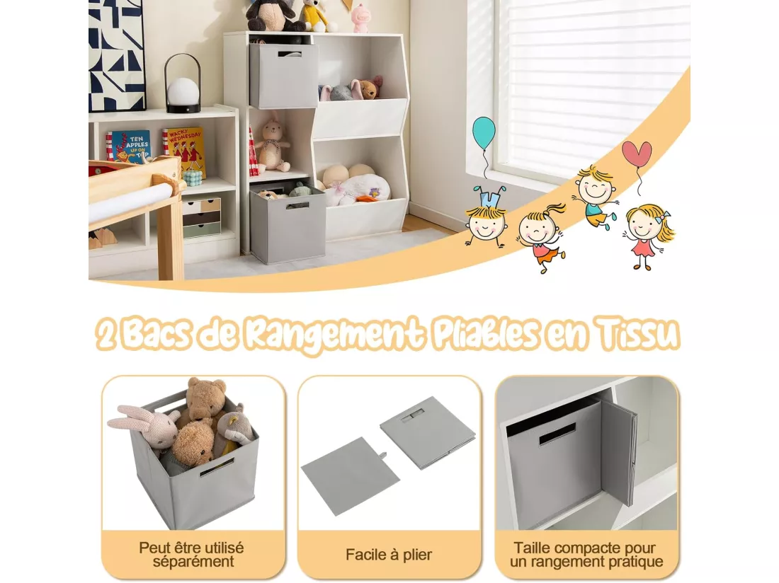 Étagère à Jouets Enfant avec 2 Bacs en Tissu Amovibles, Bibliothèque Enfant avec 3 Étagères Ouvertes & 2 Compartiments, Meuble Rangement Enfant pour Jouets Livres, 77 x 33 x 93,5 cm
