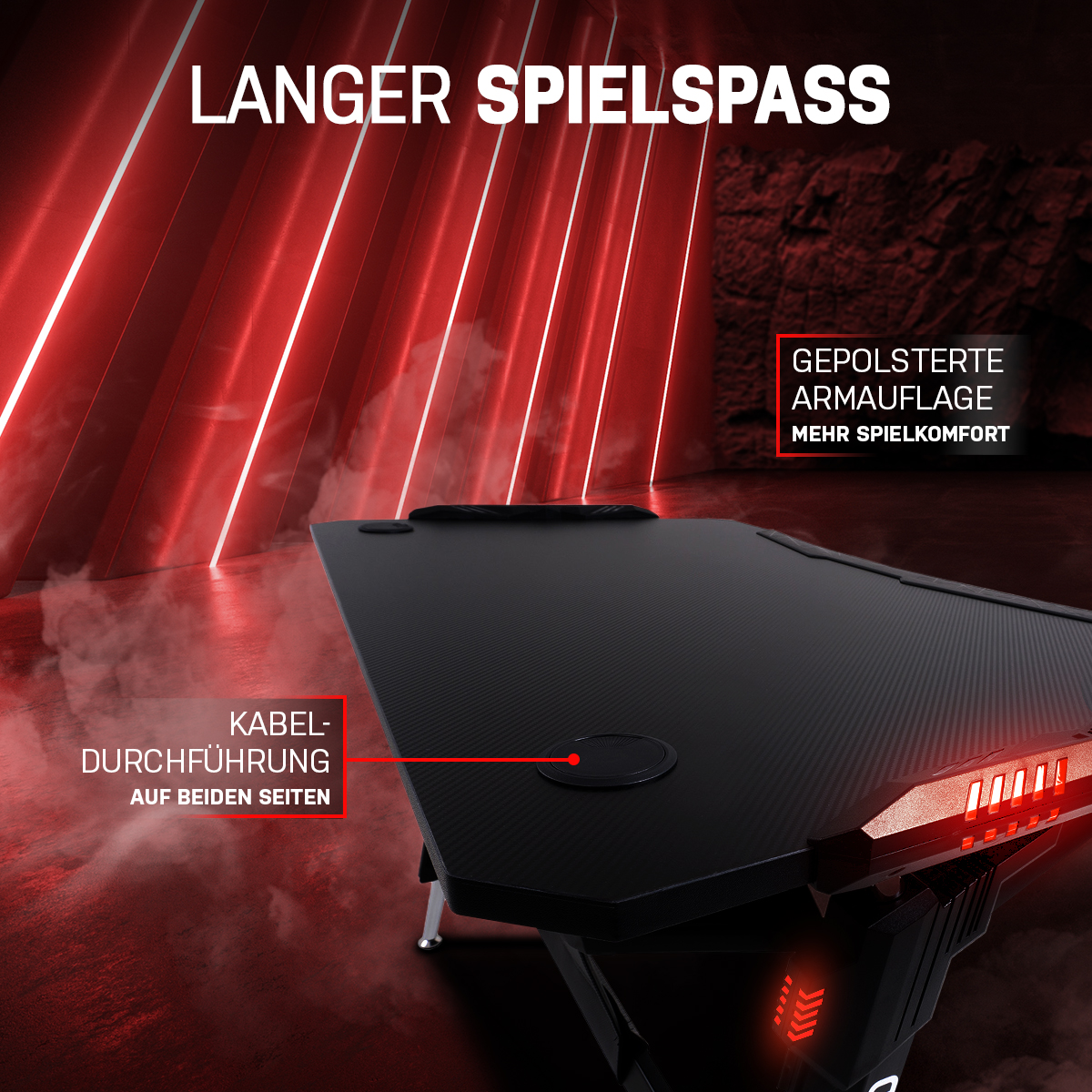 Elite Gaming-Tisch ROCKSOLID, Gamer-Schreibtisch, Carbon, LED-Beleuchtung, Kabel- und Headset-Halter (Schwarz)
