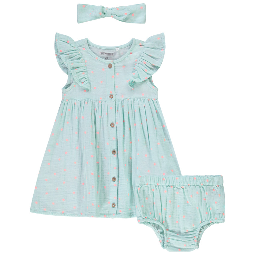 Ensemble 3 pièces robe + bloomer + bandeau à pois pour bébé fille