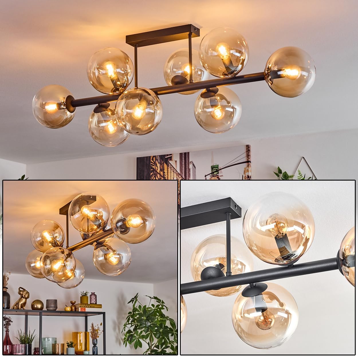HOFSTEIN Deckenleuchte Gastor, 8-flammige Deckenlampe aus Metall/Glas in Schwarz/Bernstein/Klar, Leuchte im Retro/Vintage-Design (Schirme Ø 15 cm), E14, Esszimmer, Wohnzimmer, Schlafzimmer, Küche