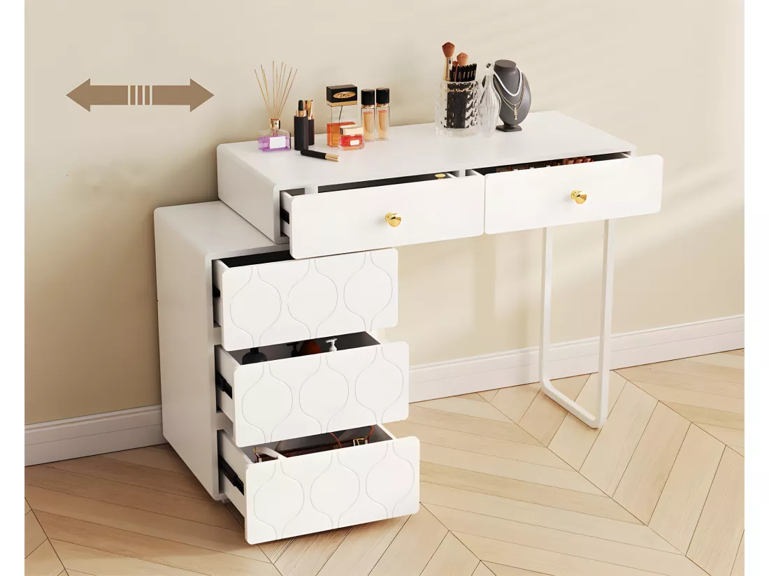 Coiffeuse extensible à motif ondulé - avec 5 tiroirs - façades laquées - Blanc(sans miroir ni tabouret)