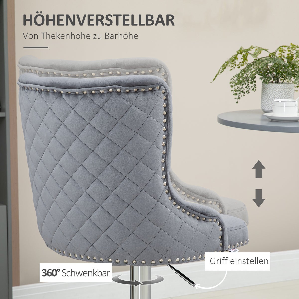 HOMCOM Set van 2 barkrukken, draaistoelen met voetenbank, in hoogte verstelbare woonkamerstoelen met fluwelen look, voor bar, keuken, lichtgrijs, 46 x 55 x 102-123 cm