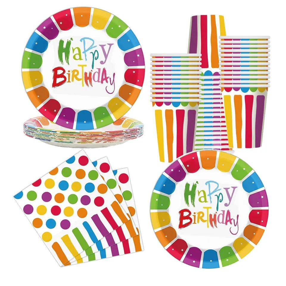 (101-tlg. Set) Happy Birthday Einweg Geschirr Geburtstags Party Tisch Deko inkl. Teller / Tischdecke / Servietten / Papp Becher - Bunt