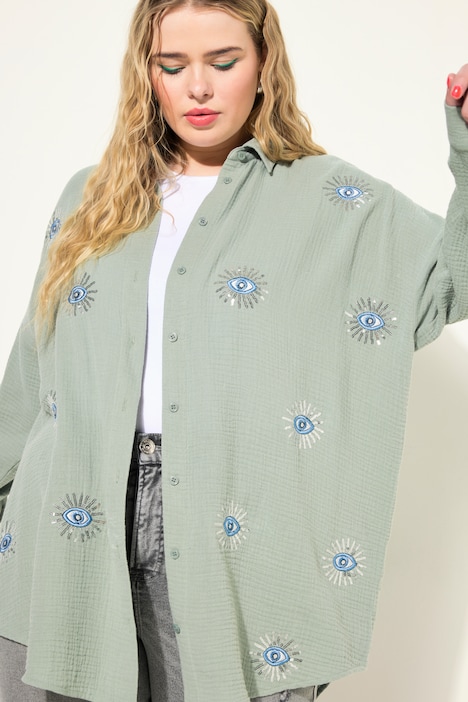 Bluse, oversized, Musselin, Augen-Stickerei, Langarm