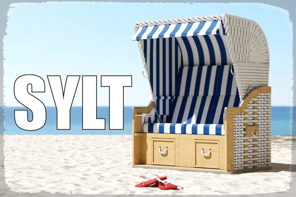 queence Metallbild »Sylter Strandkorb« Meer | Schriftzug | Schriftzüge | Strand 1 Stk. tlg. Stahlschilder