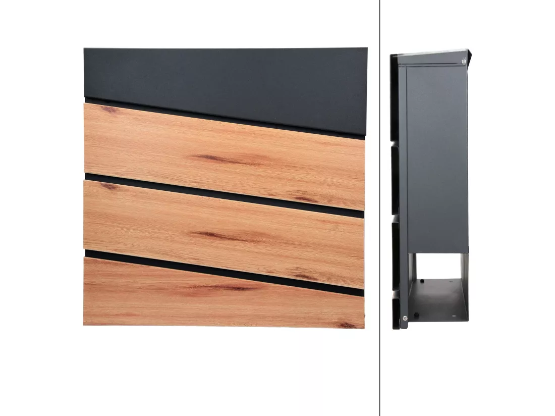 Boîte aux lettres anthracite / imitation bois avec support argenté ML-Design