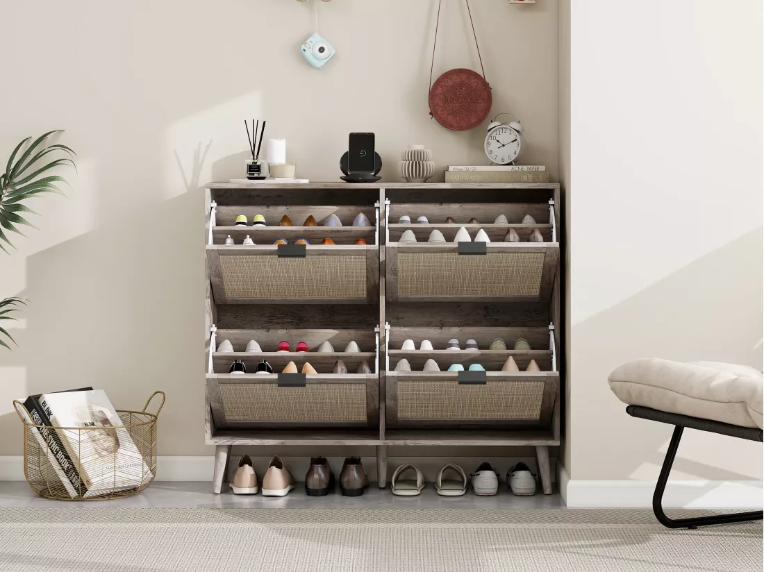 Meuble à chaussures rétro gris à 4 portes, avec look en rotin, double étagère, 105 cm, avec fond arrière, idéal pour couloir et espaces similaires