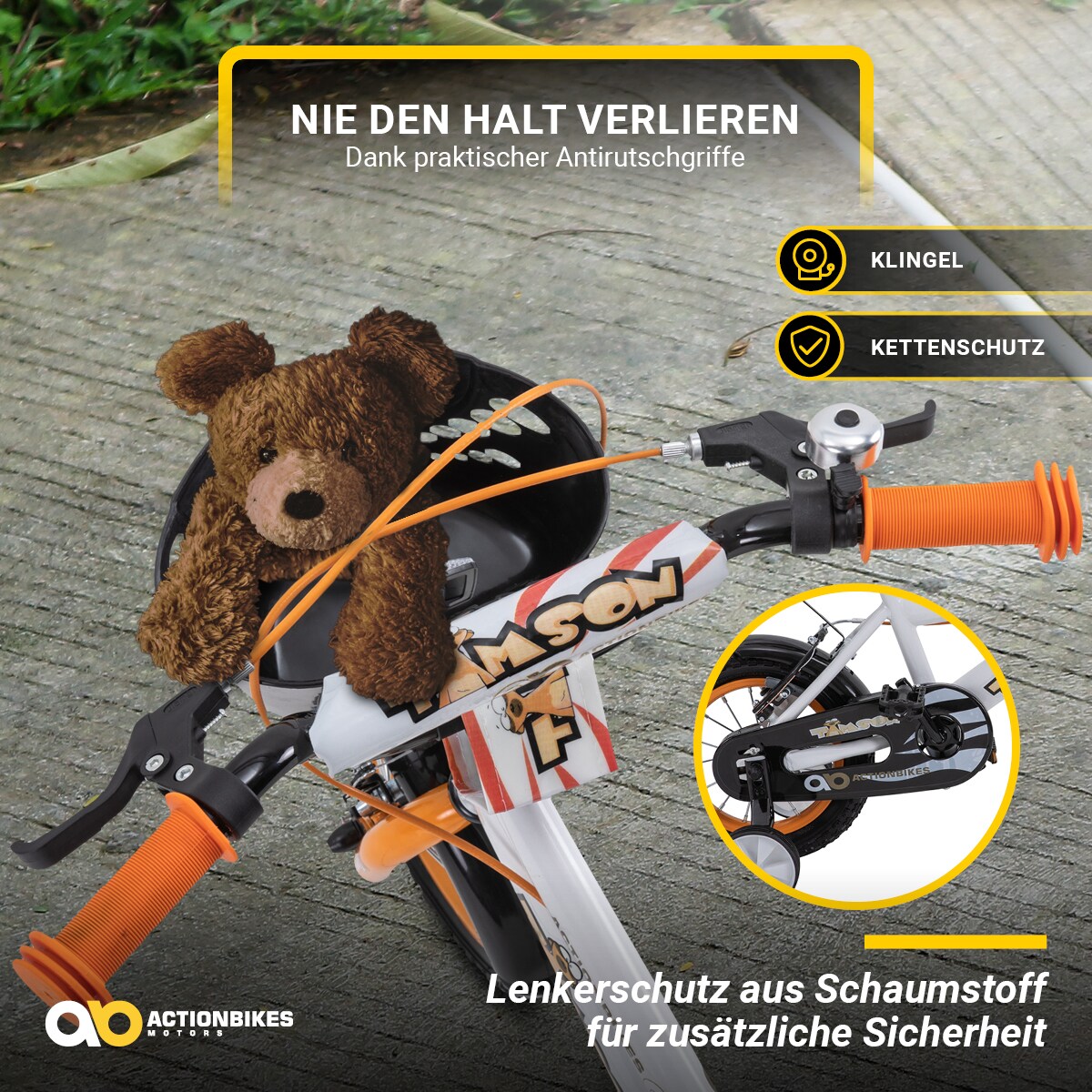 Actionbikes Kinderfahrrad Timson 12 Zoll, V-Brake-Bremsen, höhenverstellbar, Stützräder, Korb
