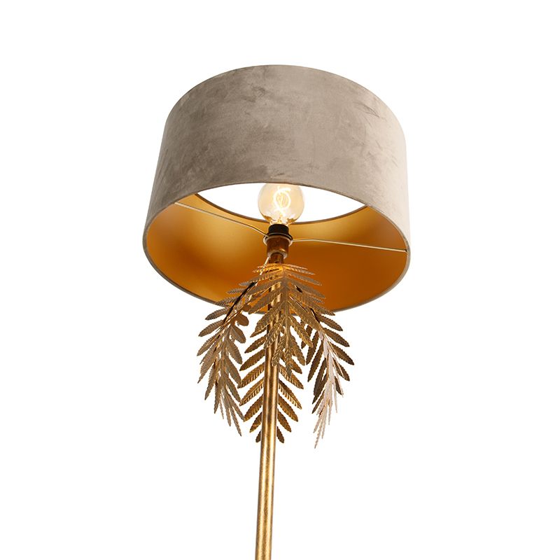 Vintage vloerlamp goud 145 cm met velours kap taupe 50 cm - Botanica