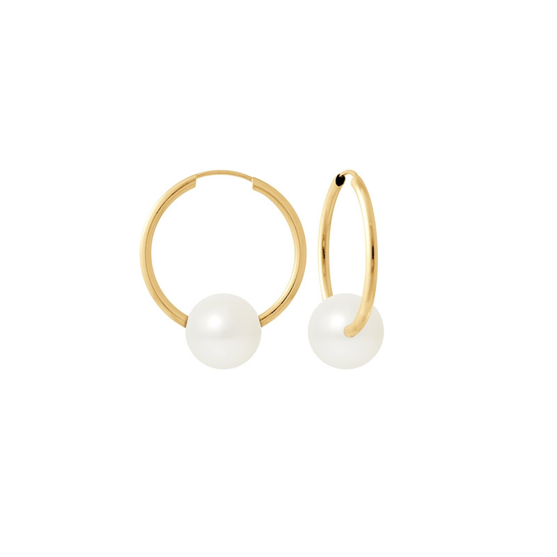 Boucles d'Oreilles Petites Créoles Perles de Culture Blanches et or jaune 750/1000