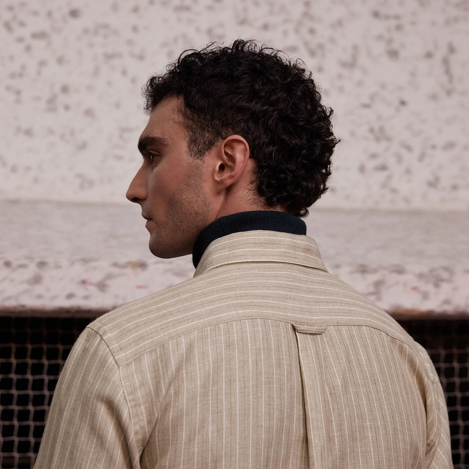 Beige striped cotton, hemp and merino wool shirt