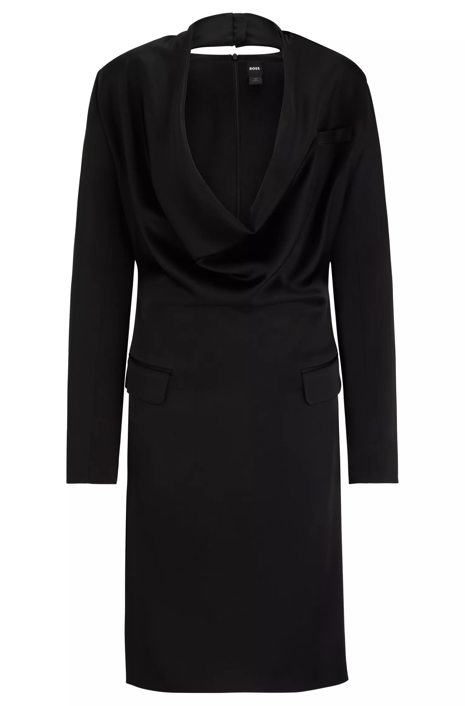 Vestido BOSS preto na altura do joelho com gola drapeada