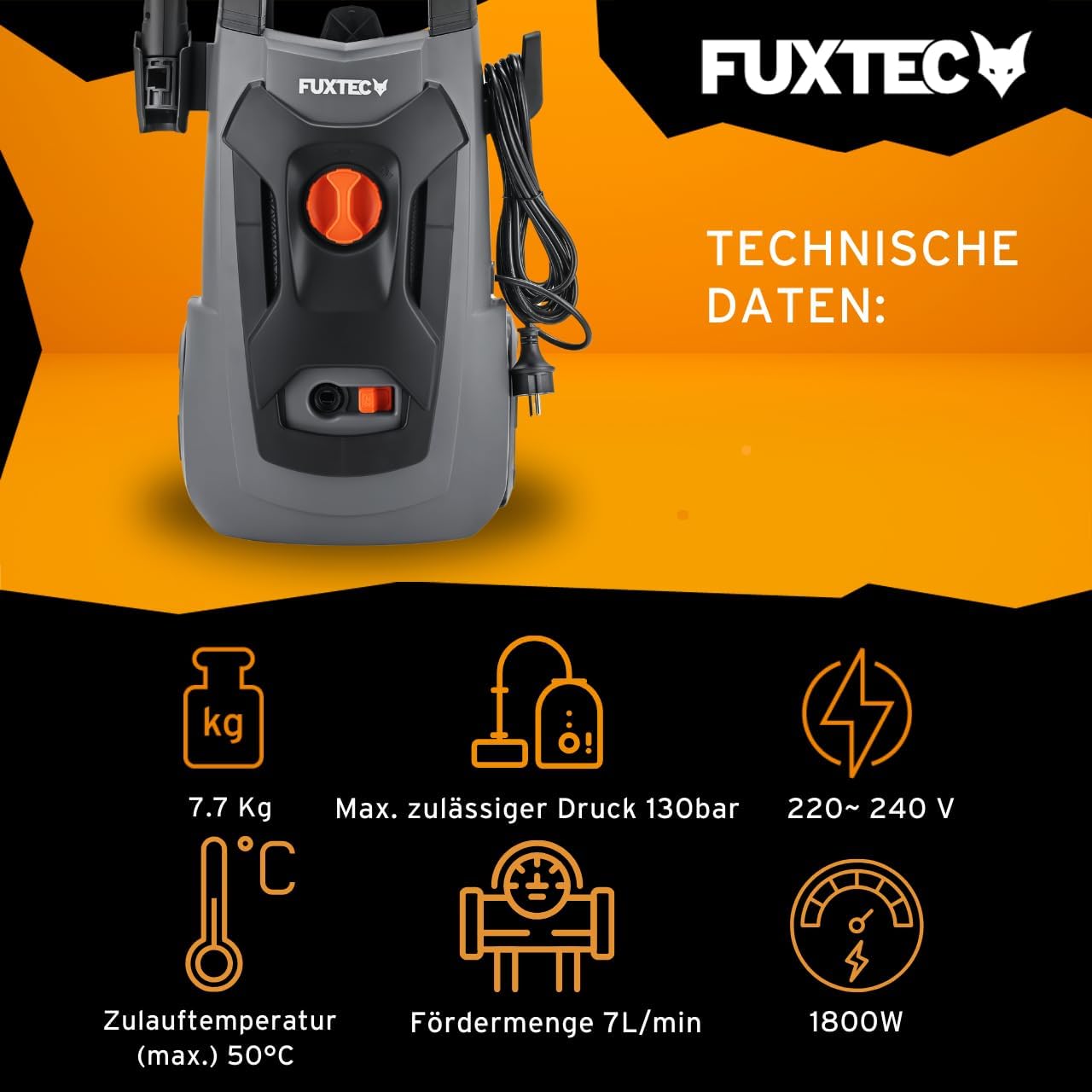 FUXTEC Hochdruckreiniger FX-HDR1800, Flächenreiniger mit 6m Hochdruckschlauch, 130 bar Arbeitsdruck, Fördermenge 420l/h, 1800W Leistung, verschiedene Sprühmuster, integrierter Reinigungstank