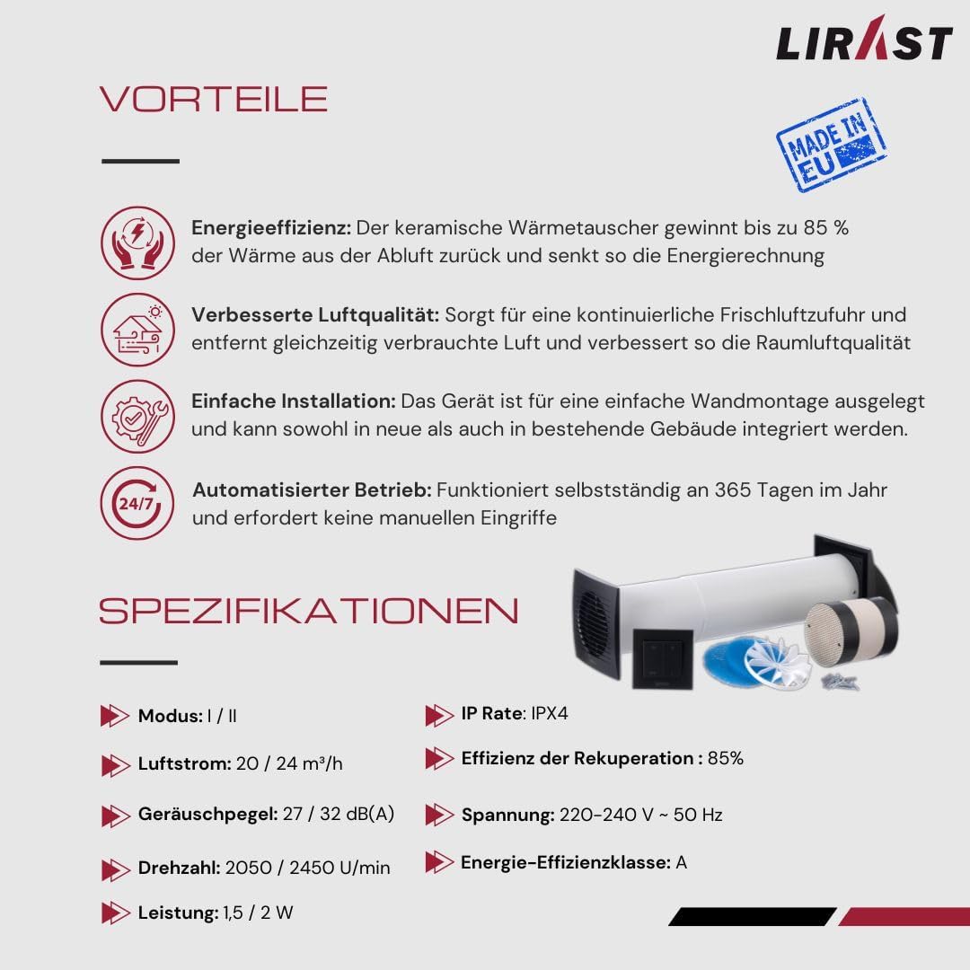 100mm Dezentrale Lüftungsanlage mit Wärmerückgewinnung - Wandlüfter mit Schalter - Lüftung mit Wärmerückgewinnung - Anthrazit Rekuperator mit Keramikwärmetauscher - Lufttauscher Wohnraumlüftung