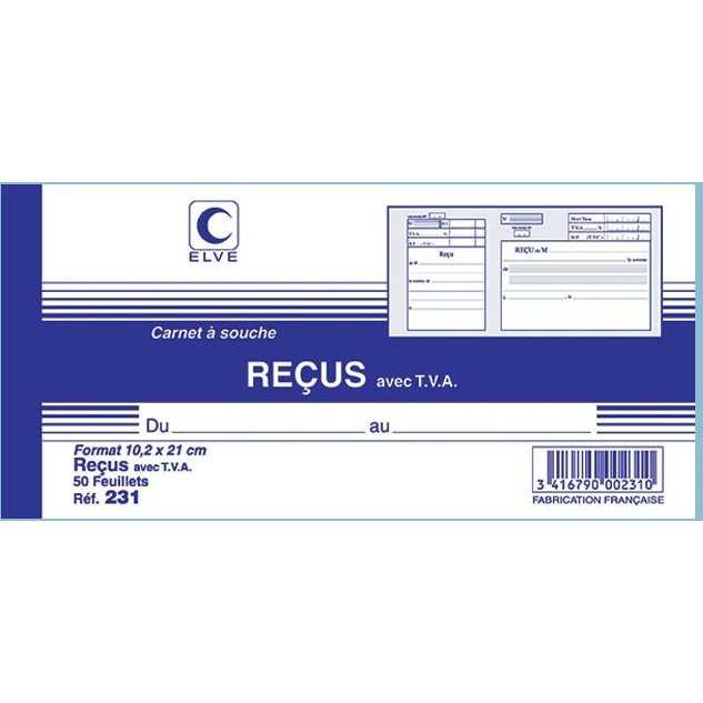 Carnet à souche 'reçu avec TVA' format 10,5 x 21cm, 50 feuillets 231