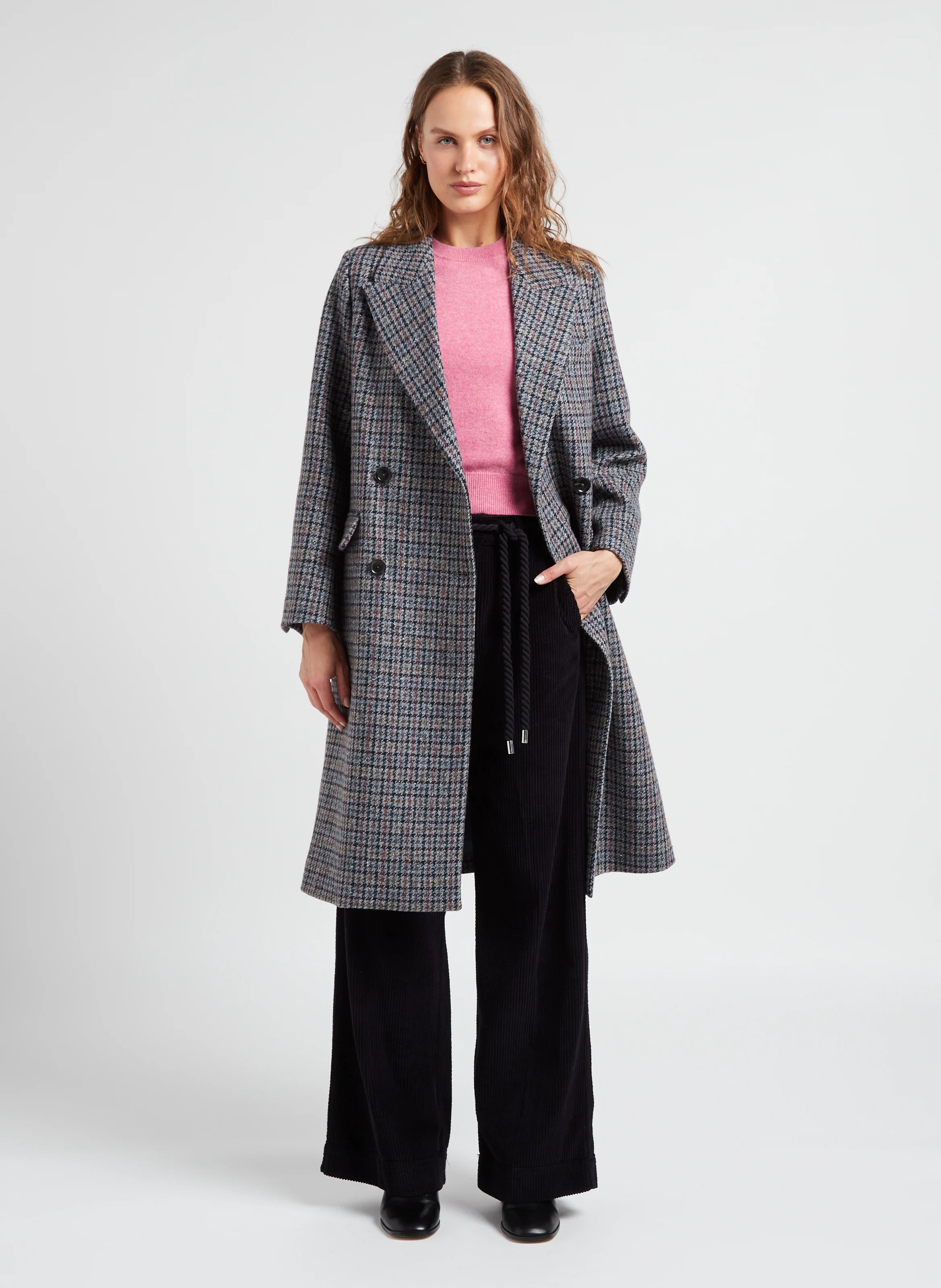 RODEZ - Manteau long col tailleur à carreaux en laine mélangée | Bleu