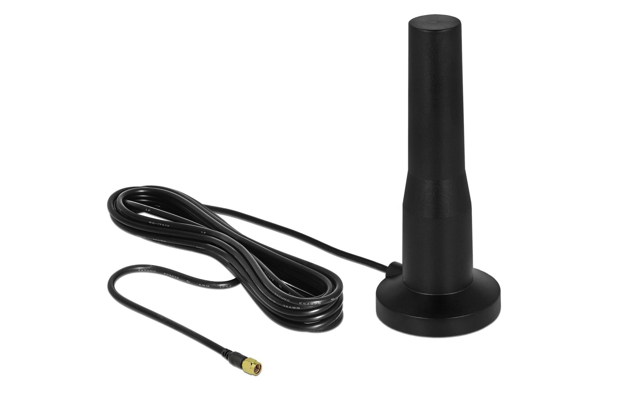 LTE-Antenne Outdoor SMA 5 dBi RundstrahlDelock LTE Antenne SMA Stecker 3 - 5 dBi 12 cm starr omnidirektional mit magnetischem Standfuss und Anschlusskabel RG-174 A/U 3 m outdoor schwarz