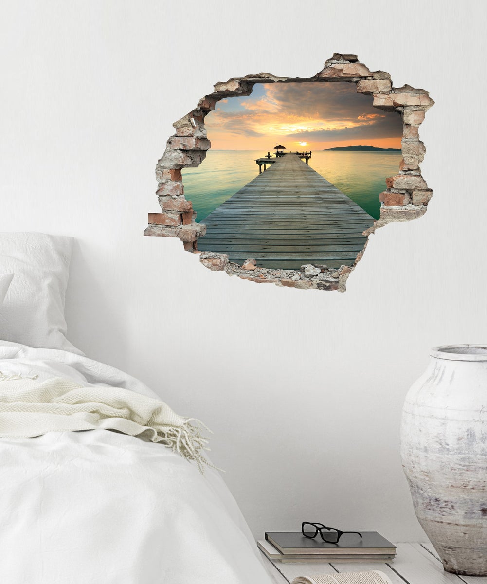 3D muurdoorbraak zelfklevende sticker, loopbrug in het water WS0947_60x50 cm