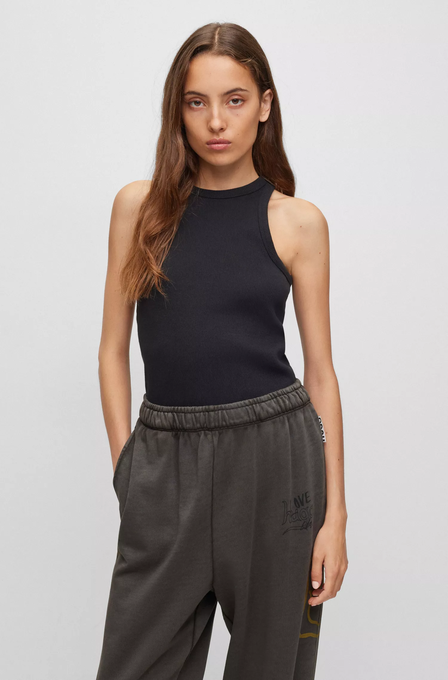 HUGO Red - Blusa regata slim fit em algodão canelado