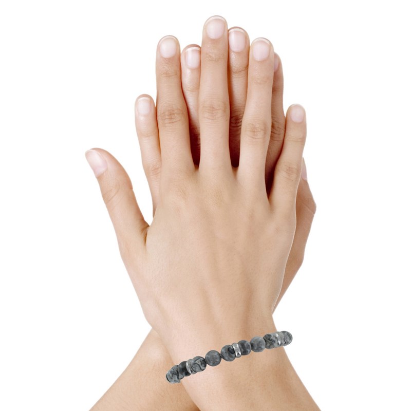 Bracelet Elastique Anneau Acier et Perles Jaspe Gris