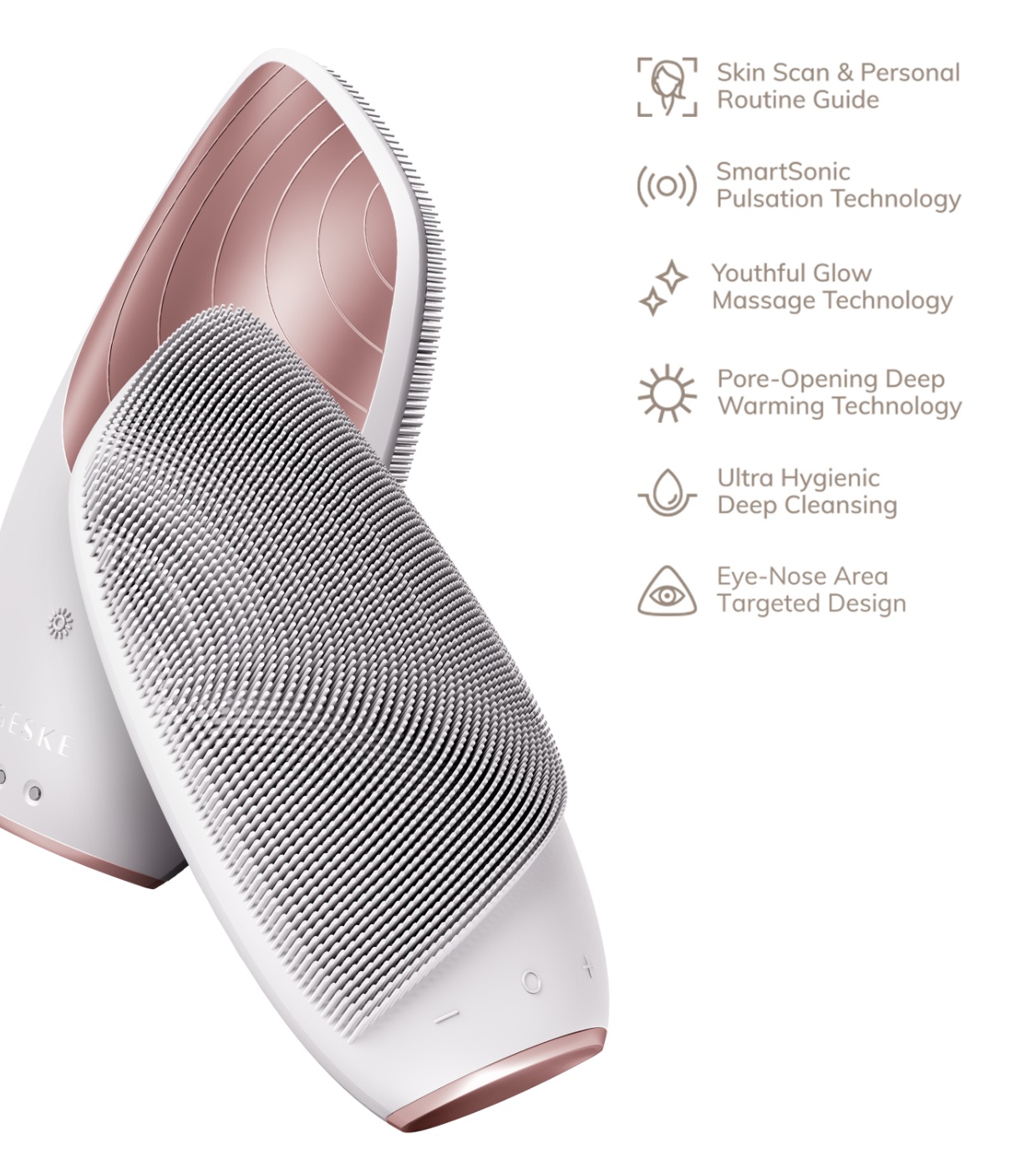 GESKE - Escova de Limpeza Facial e Massageadora Sonic Thermo 6 em 1 - Branco Rosa Ouro