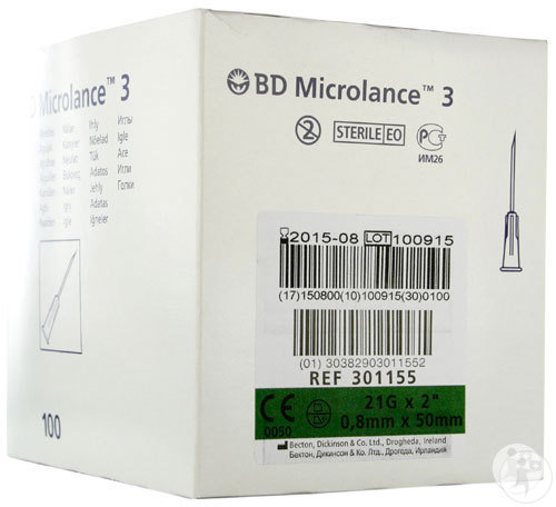 BD Microlance 3 Aiguille 21G 2 RB 0,8x50mm Vert 100 Pièces