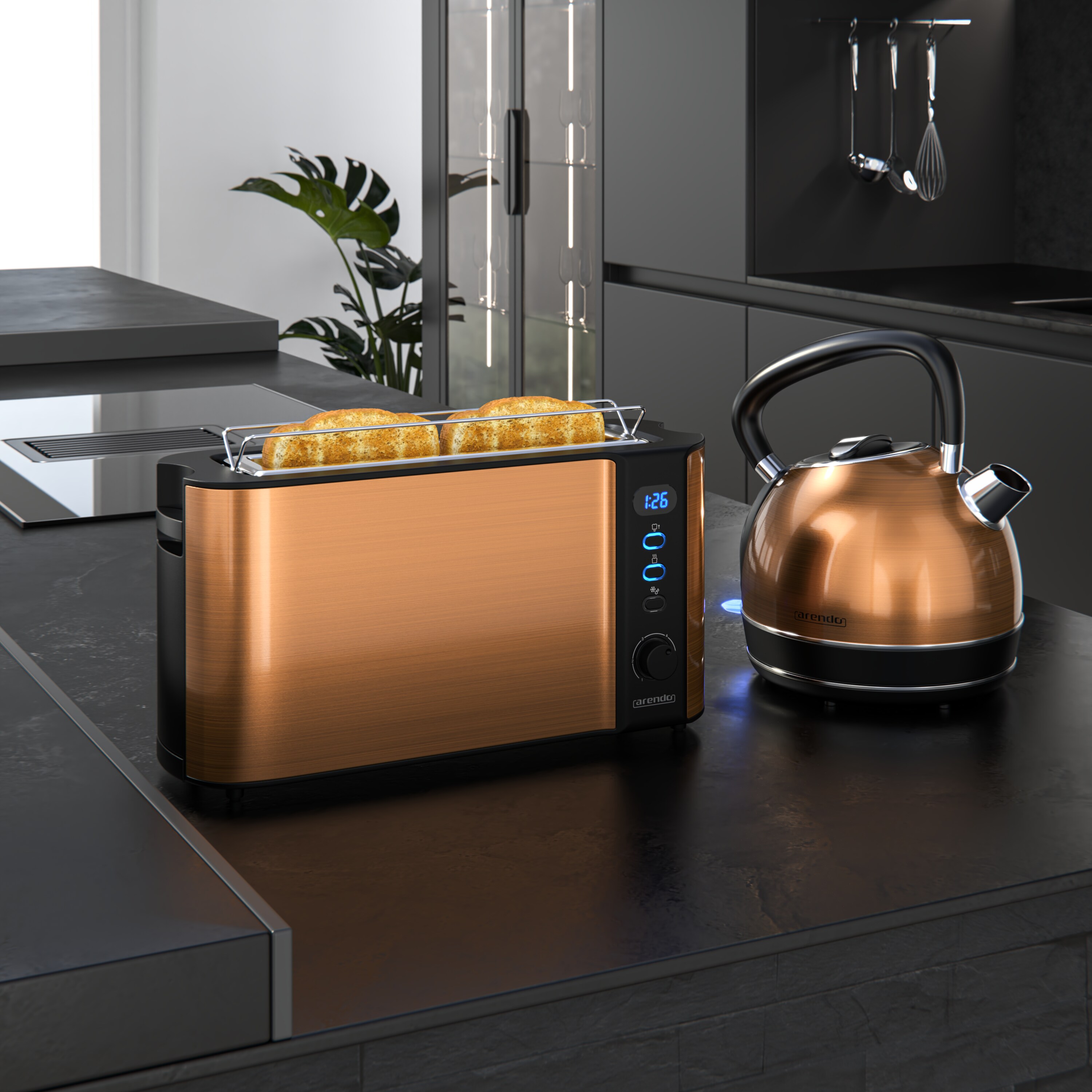 Arendo Frühstücks-Set 2-teilig in Kupferoptik - Edelstahl Wasserkocher & Langschlitztoaster