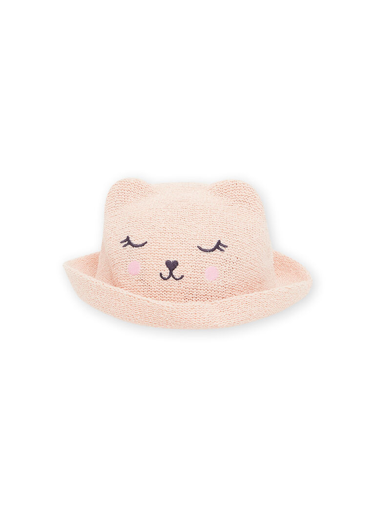 Chapeau de paille rose dragée à motif tête de chat