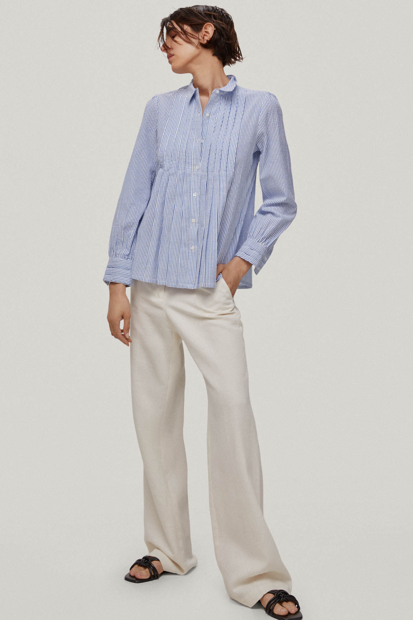Blusa de algodão com listras em tecido - Turquesa