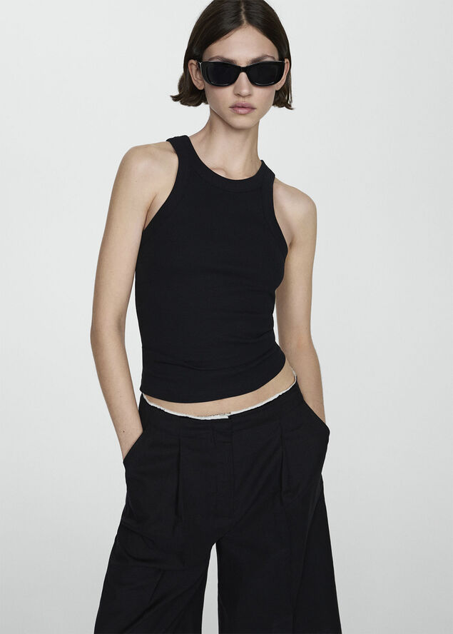MANGO Ribbed cotton-blend top Black