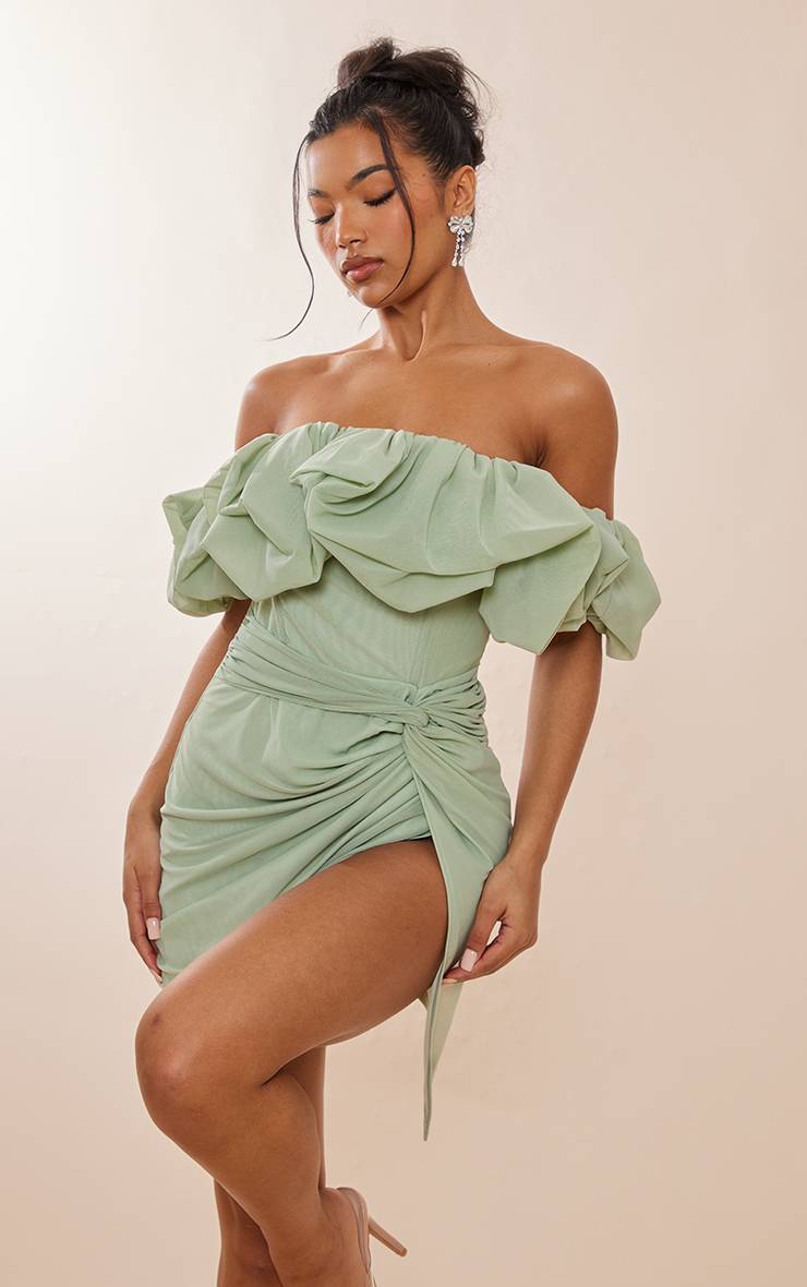 Vert Sauge Robe Moulante Corset À Détails Bouffants En Mesh