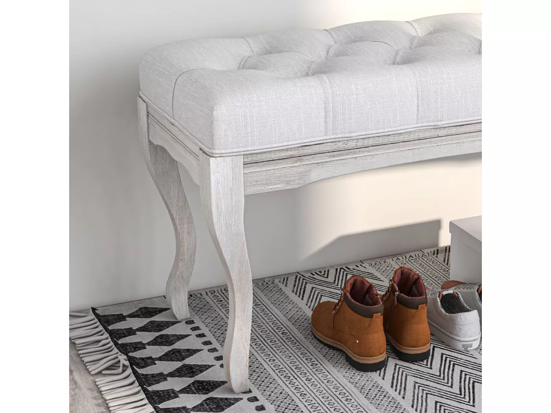 Banc banquette capitonnée style classique 110 cm bout de lit rembourré en lin piètement Bois hévéa sculpté blanc crème