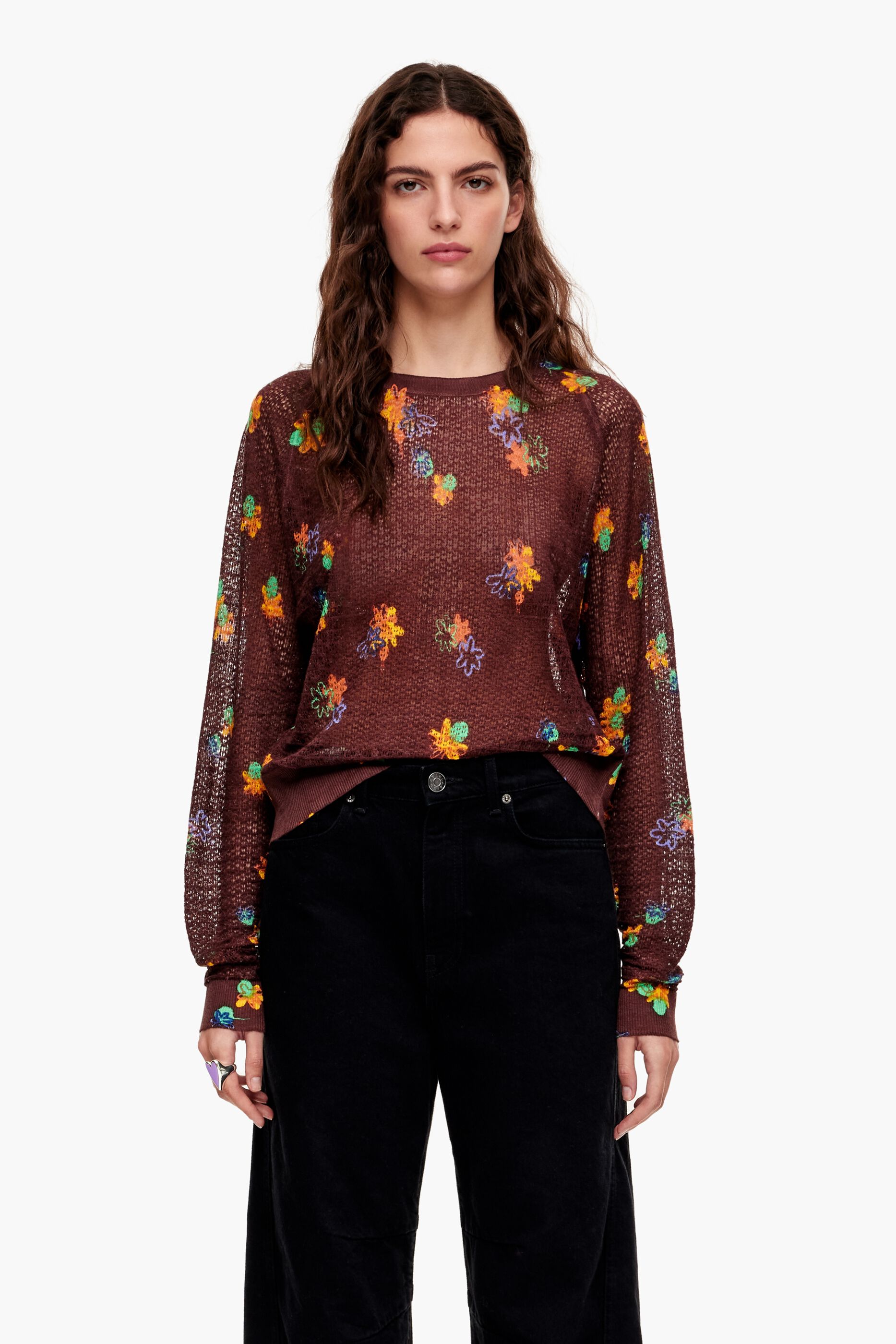 Suéter de linho com estampa floral marrom
