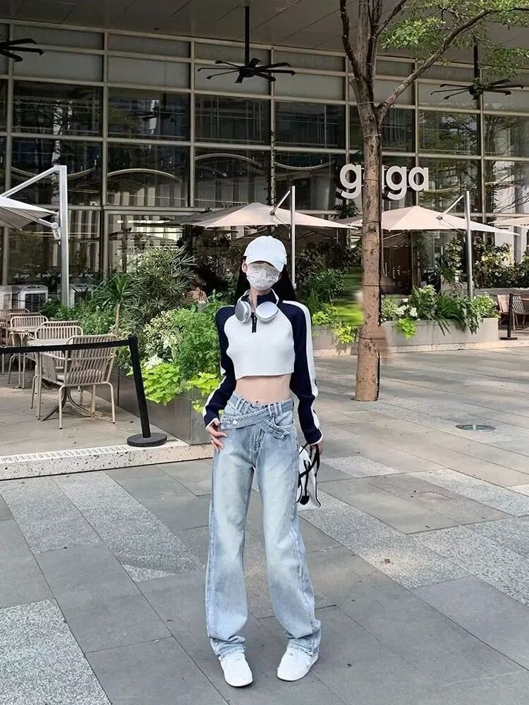Wisjam - High Rise Criss Cross Washed Straight Leg Jeans