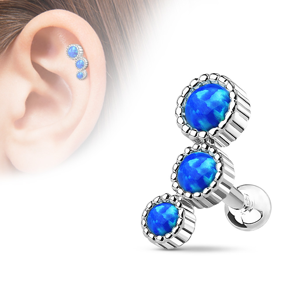 (6mm) Tragus / Helix 316L Chirurgenstahl Ohr Piercing mit Gewindeverschluss Opalstein - Silber / Blau