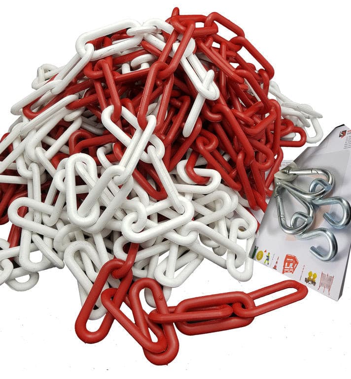 UVV-barrièreketting, schakelketting, kunststof, lengte: 25 m (dikte 6, 8 of 10 mm) + 5 noodschakels, vele kleuren / wit-rood / 10 mm