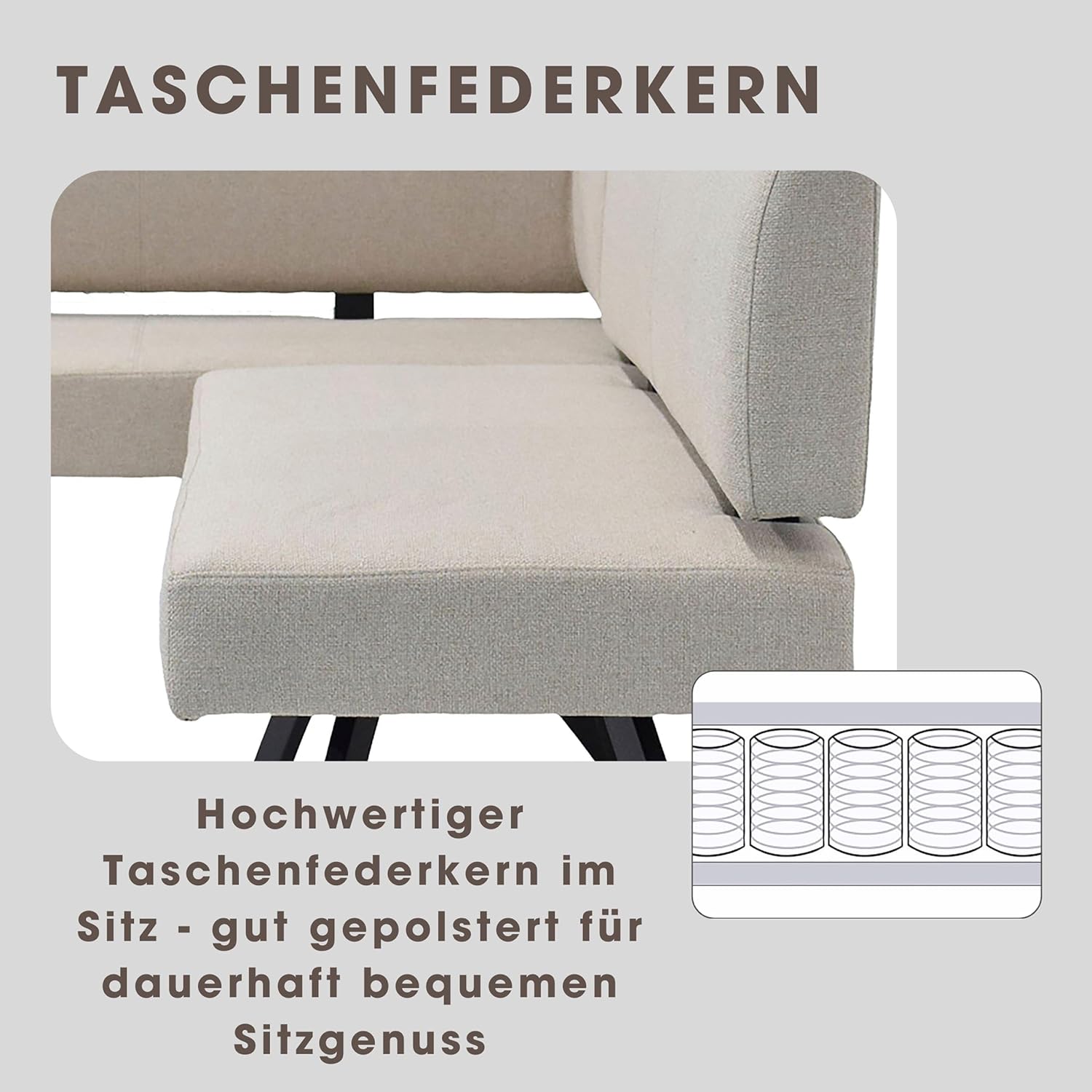 byLIVING Eckbank Toronto, Bezug in Taupe, Gestell in schwarz, L-Form Langer Schenkel rechts, Taschenfederkern, Küchenbank, Speisezimmerbank, Maße: B 182, H 85, T 128 cm