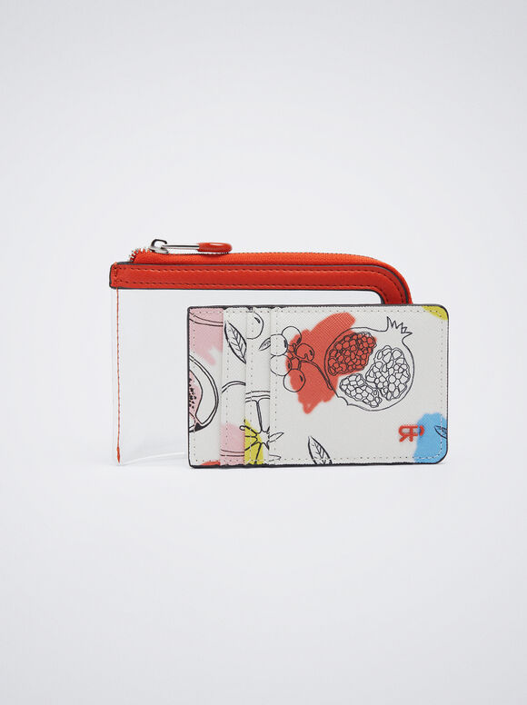 Porta-cartões estampado com bolsa integrada - Coral