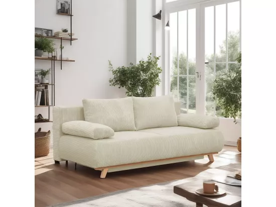 Canapé convertible 3 places avec coffre de rangement en velours côtelé beige - Laria