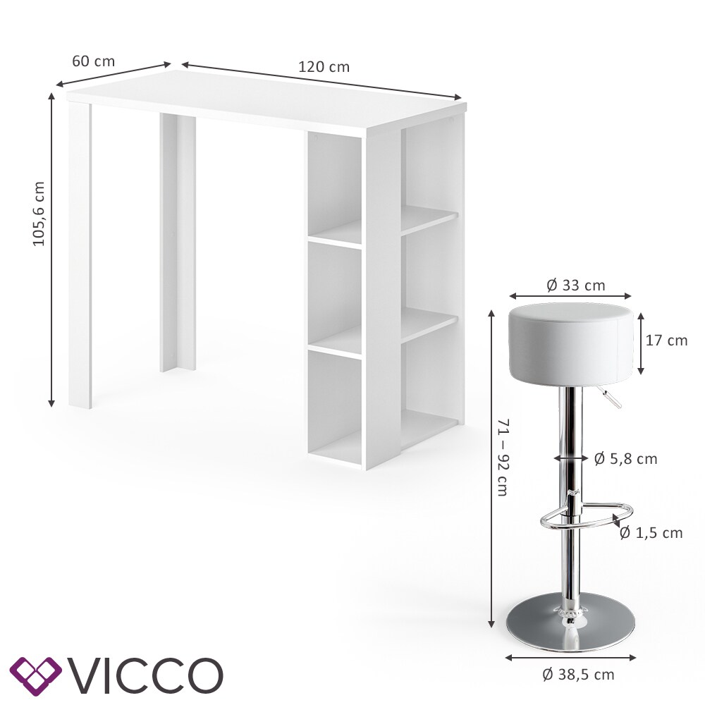 VICCO Bartisch NOEL Tresentisch Weiß Schwarz Ablagefächer 120 x 105,6 x 60 cm inkl. Barhocker