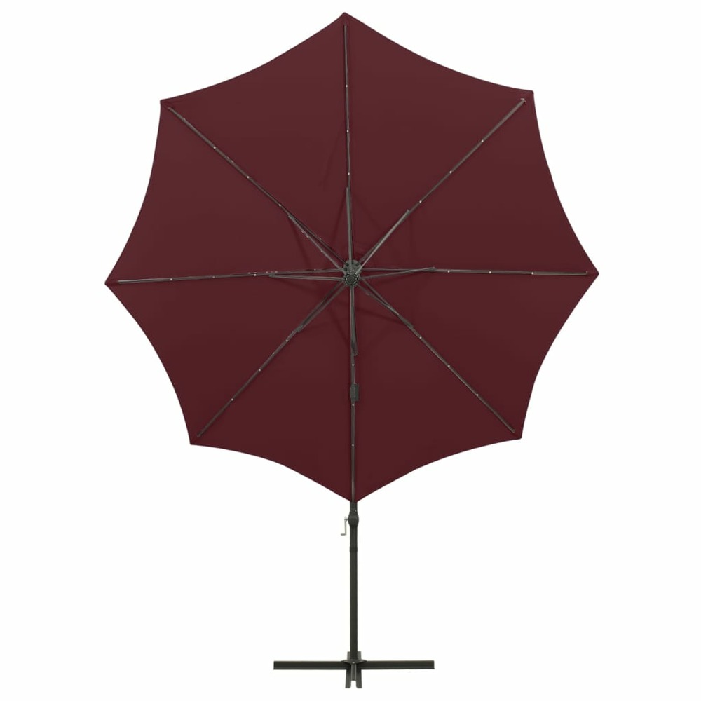 Parasol meuble de jardin déporté avec mât et lumières led rouge 300 cm bordeaux
