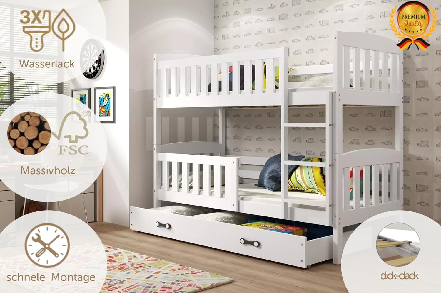 Interbeds Etagenbett 190x90 cm Hochbett Stockbett mit Schublade Holzbett Kiefernholz Kinderbett Jugenbett mit Lattenrost und Rausfallschutz (weiß, 190x90)