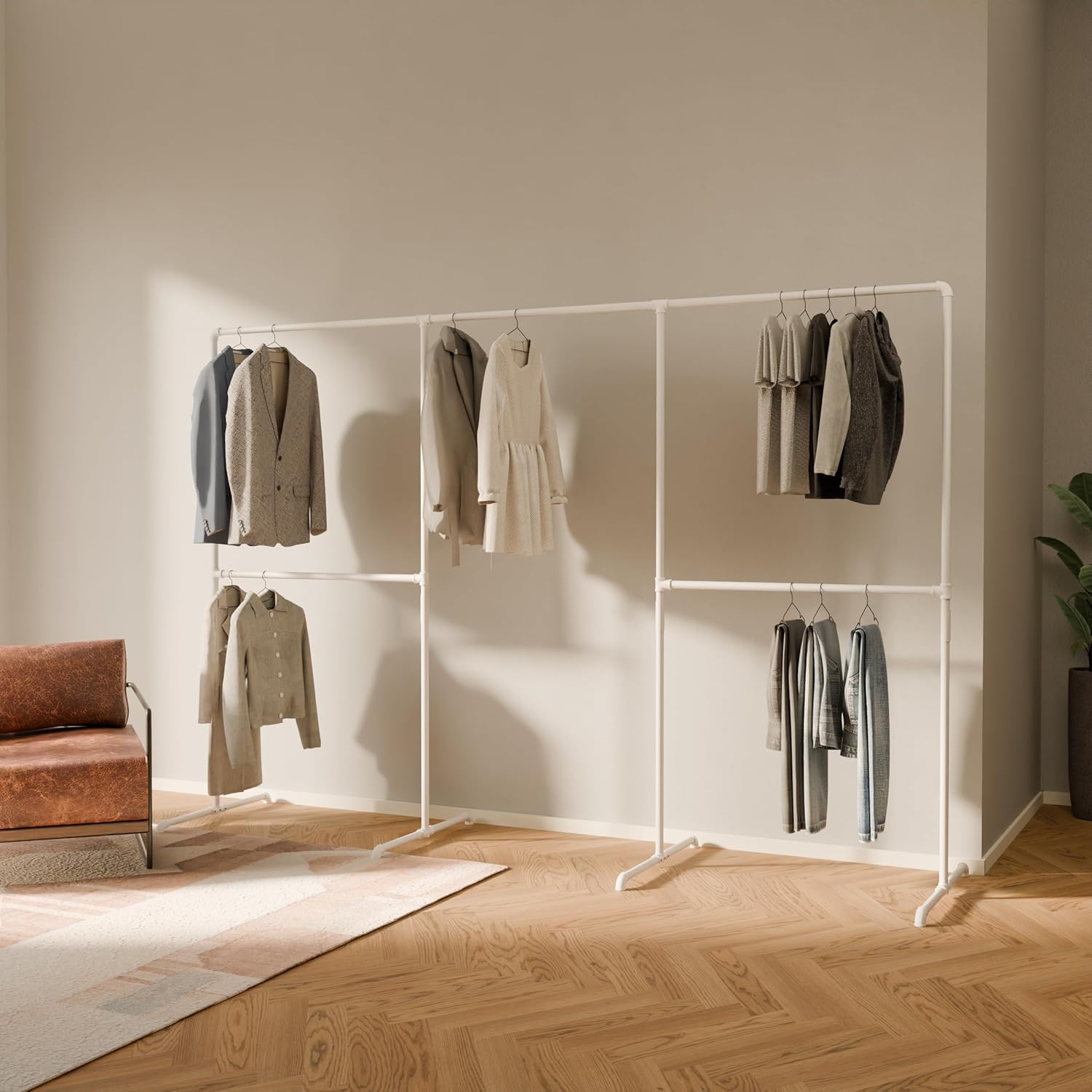 pamo Kleiderständer Weiß – Industrial Design Kleiderstange freistehend 290 x 194 cm – Offener Kleiderschrank & Garderobenständer Metall für Schlafzimmer, Flur & Ankleidezimmer