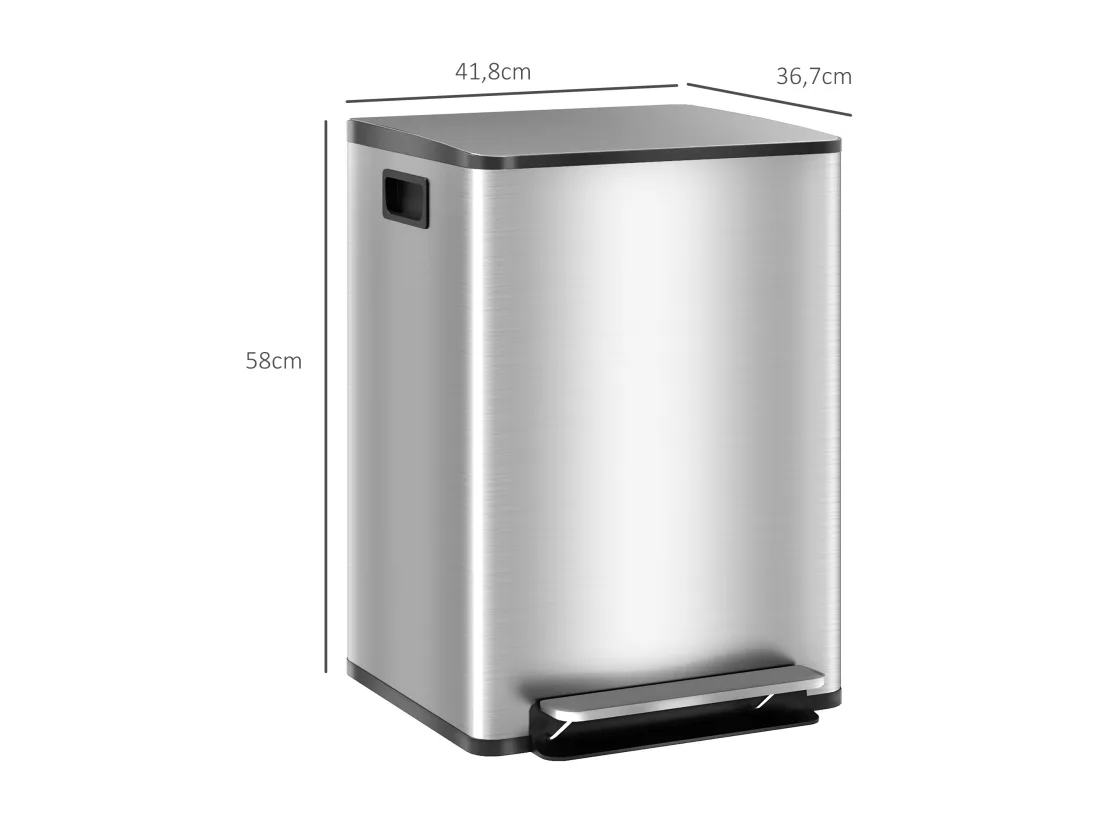 Poubelle de cuisine de 2 x 20L poubelle à pédale 2 compartiments, en acier inoxydable avec couvercle à fermeture douce, seaux amovibles, 41,8L x 36,7l x 58H cm argenté