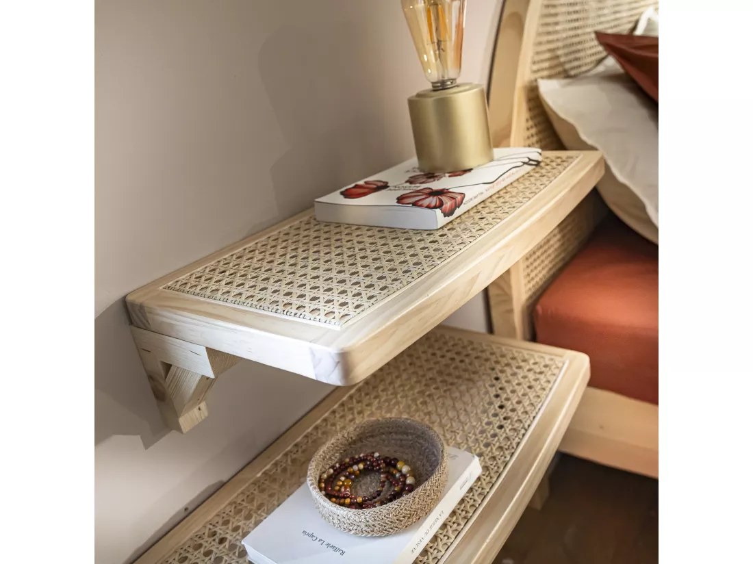 Lit adulte en pin massif avec véritable cannage 160x200 + set de 2 planches de chevet cannage