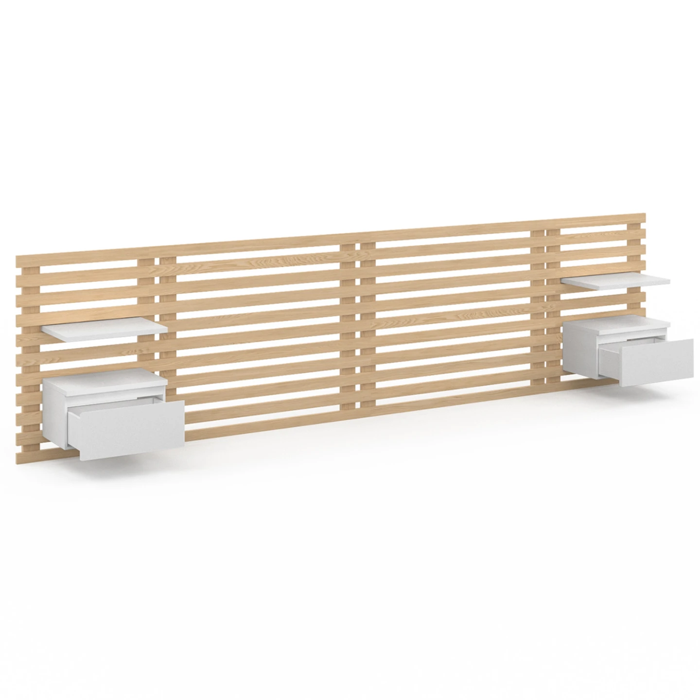 Tête de lit suspendue en lattes AVA 240 cm avec chevets + tiroir façon bois clair et blanc