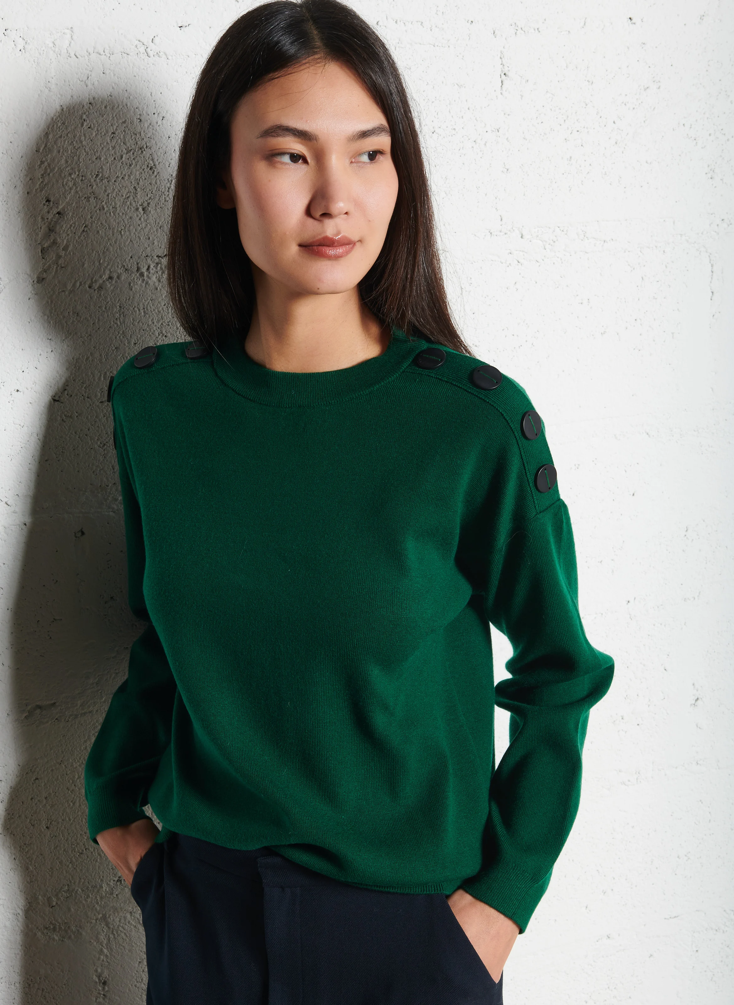 Pull droit col rond en maille mélangée | Vert