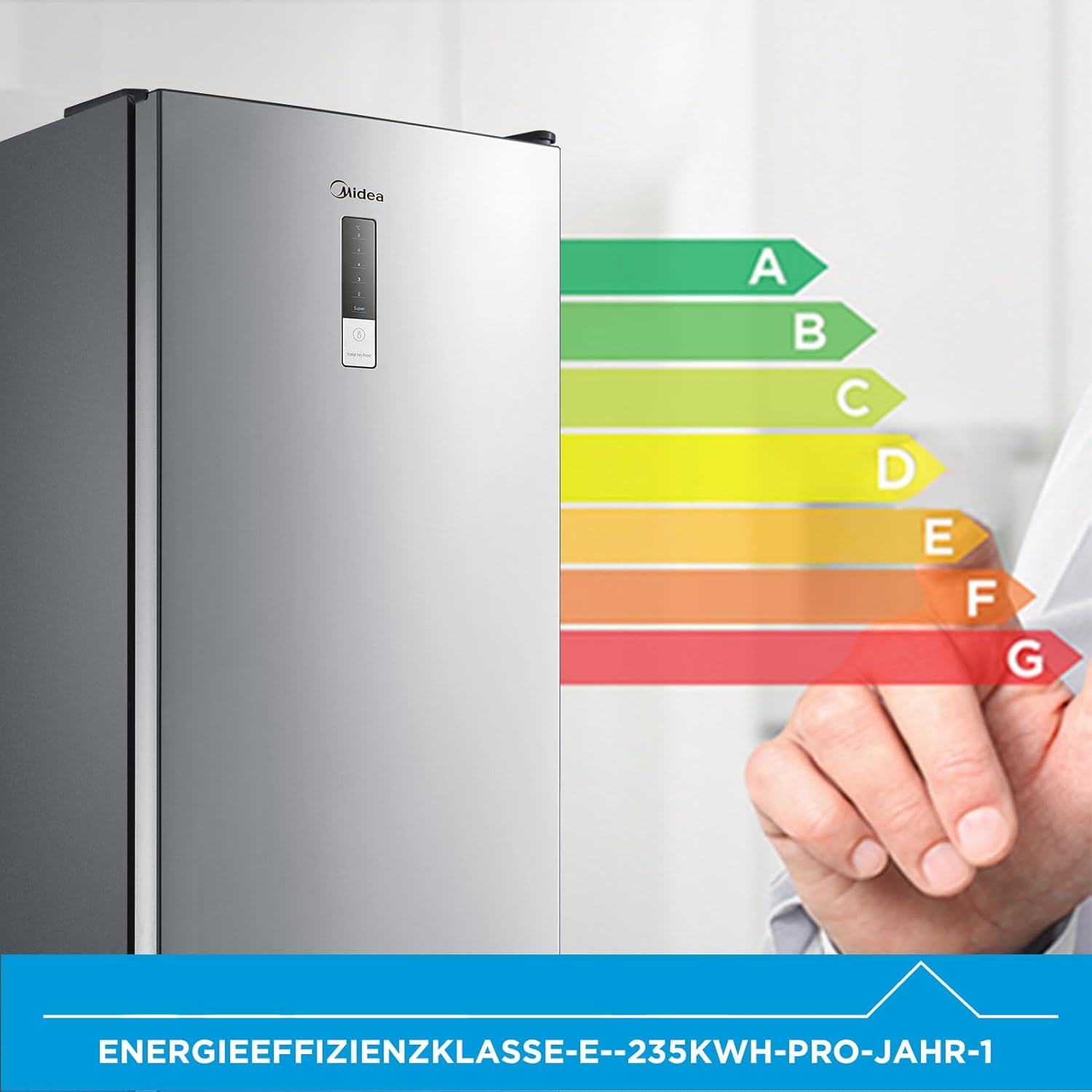 Midea MDRB424FGE02OA Kühl-/Gefrierkombination/188 cm Höhe/NoFrost/LED-Beleuchtung/Hochwertiger GMCC-Kompressor/Elektronische Steuerung/Zuverlässige Gefrierleistung/235 kWh/Jahr/224L Kühlteil